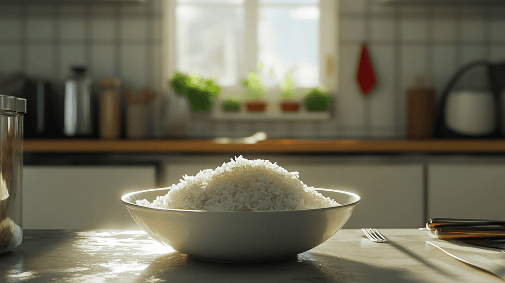 Cooked rice left uncovered on a counter.