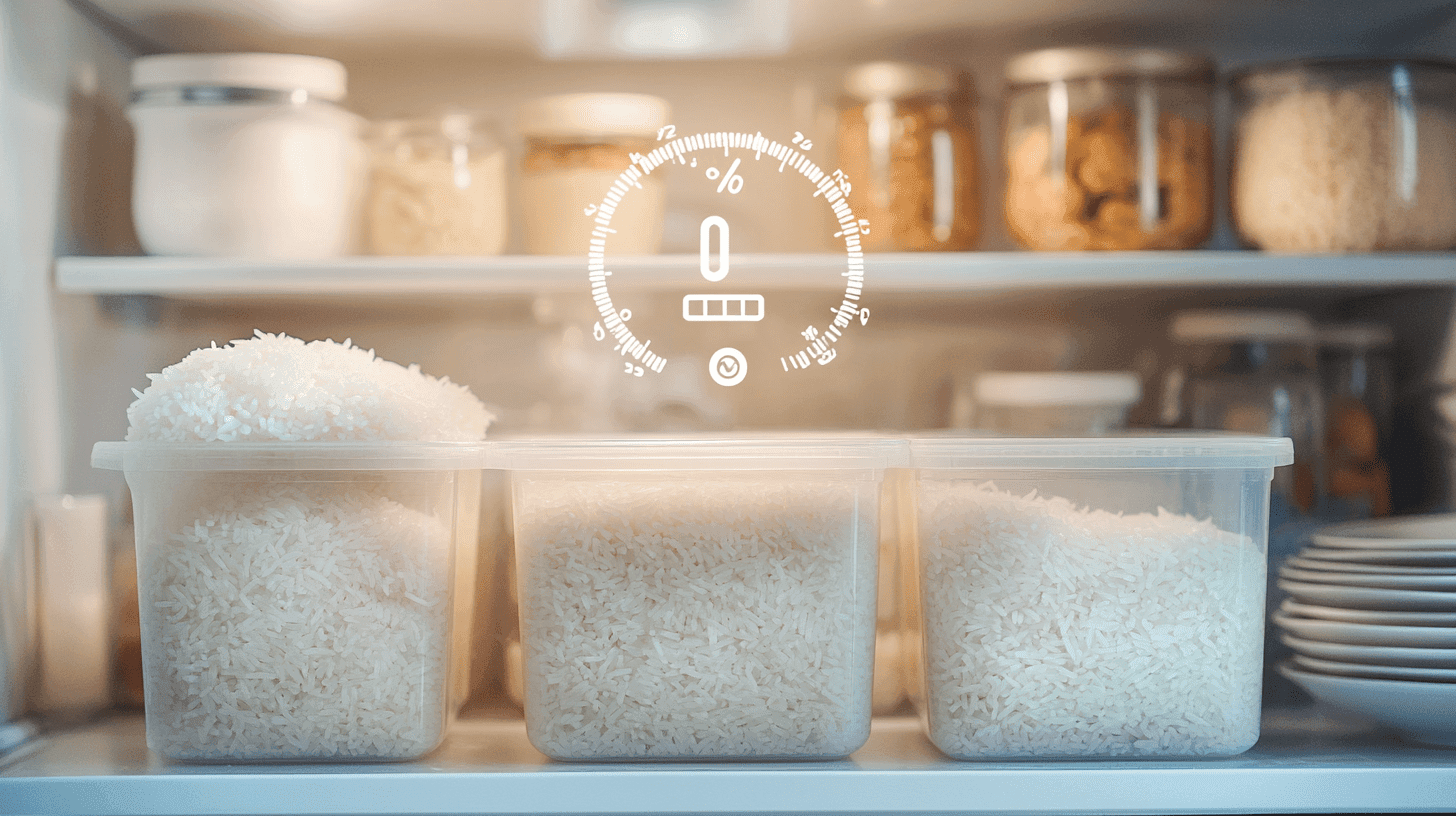 Properly stored rice in containers with a timer symbol.