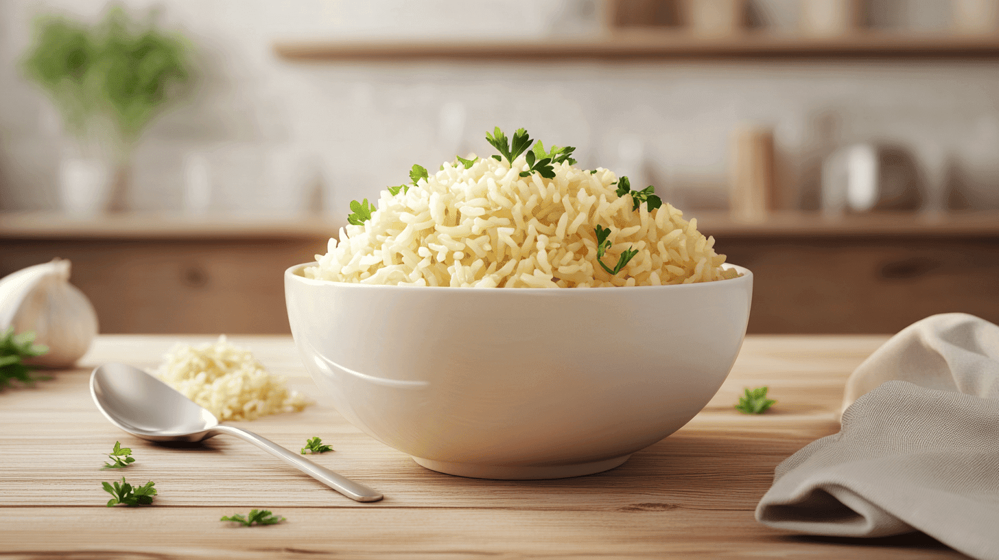 Bowl of fluffy, golden rice garnished with herbs.