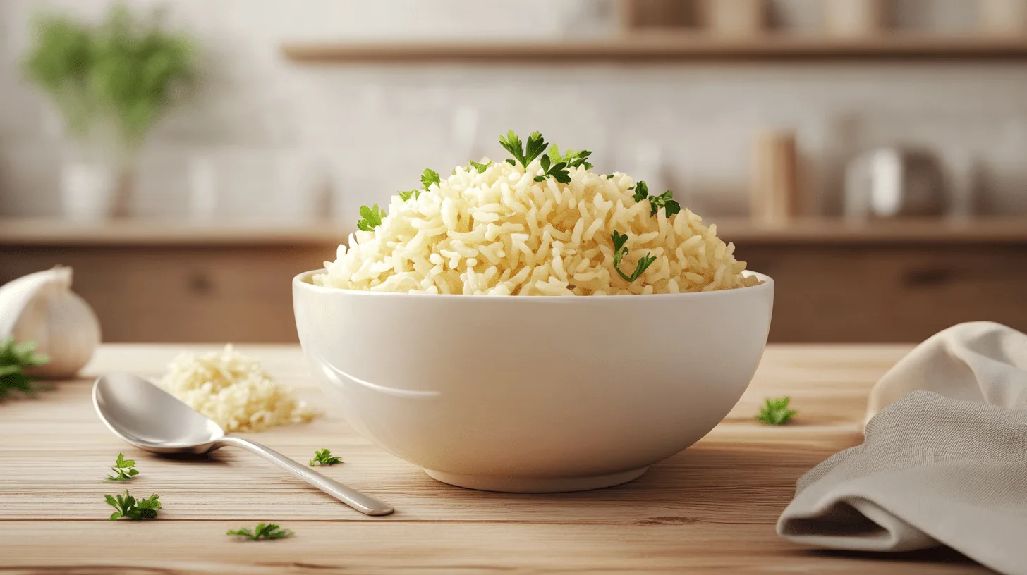 Bowl of fluffy, golden rice garnished with herbs.