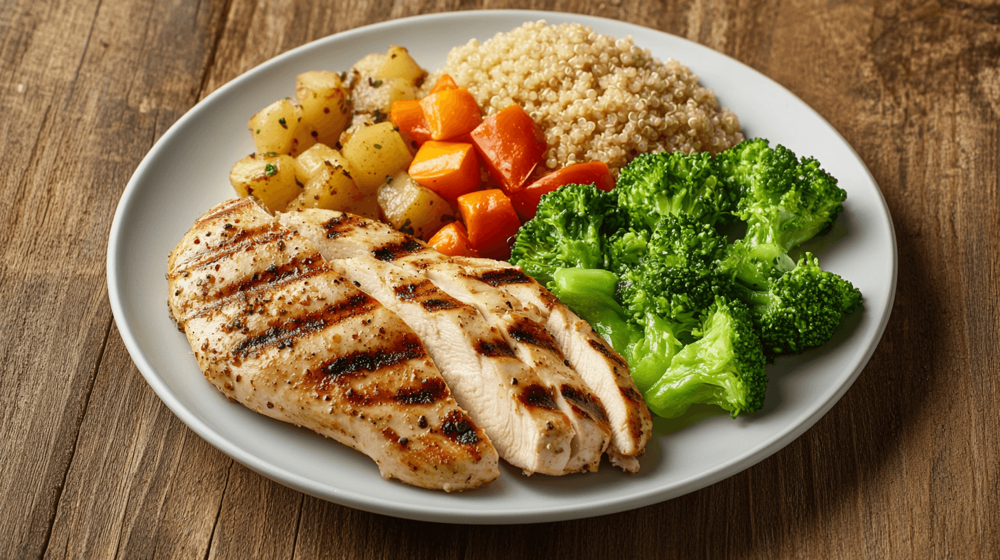 Healthy dinner plate with balanced portions of protein, vegetables, and quinoa.
