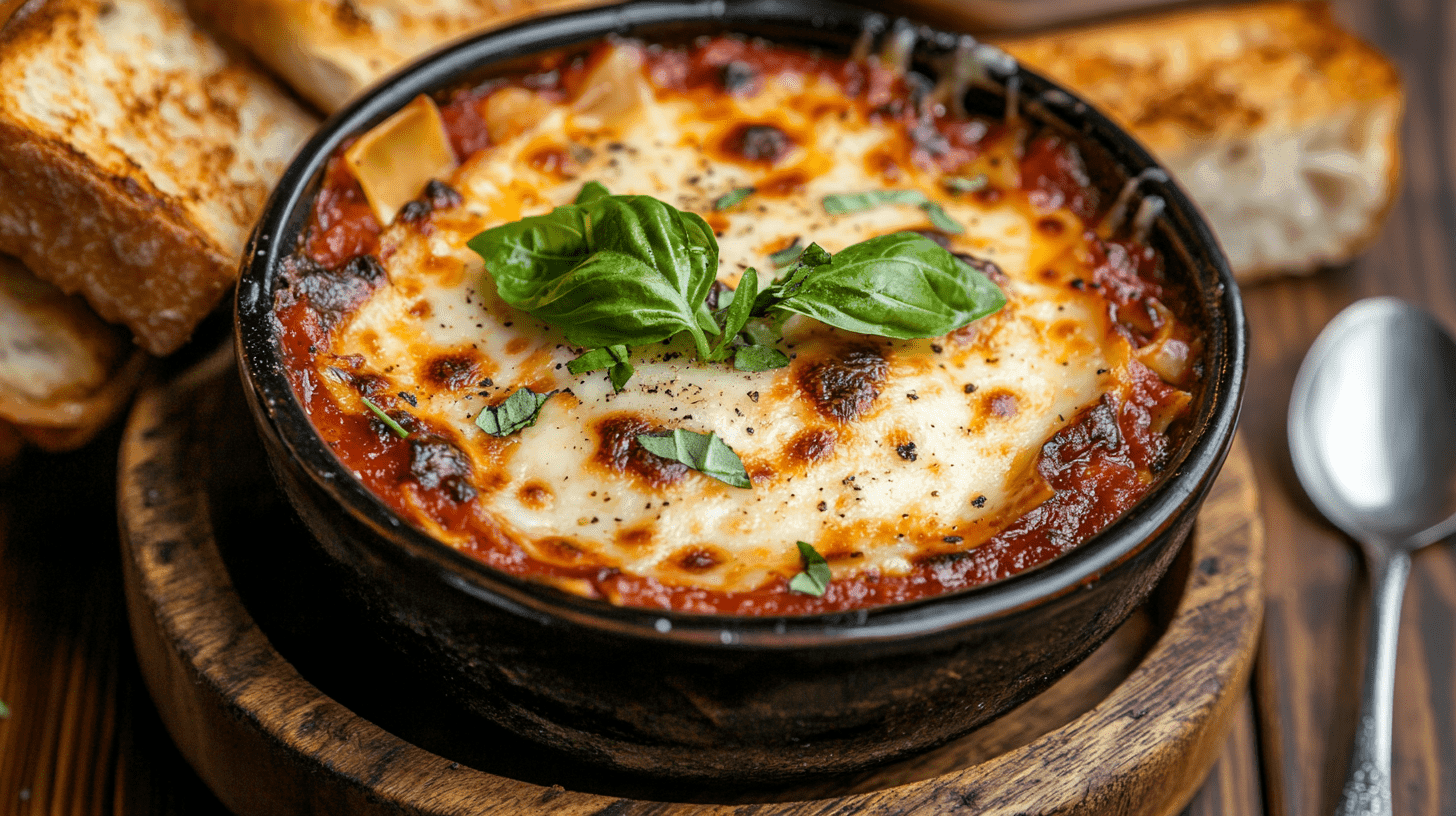 Crock Pot Lasagna Soup served in a bowl with melted cheese and fresh basil.