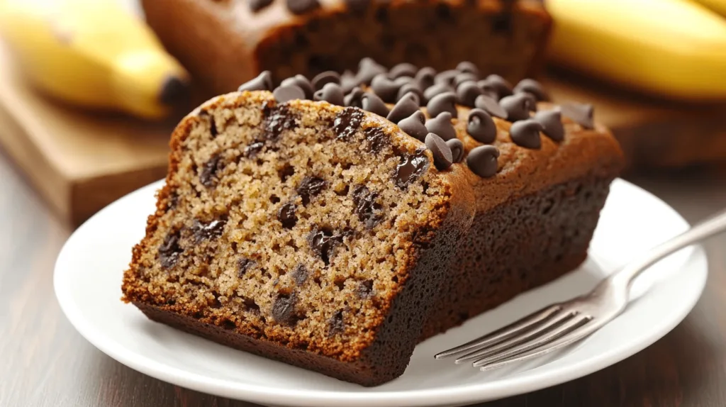 A slice of banana bread with melty chocolate chips on a white plate