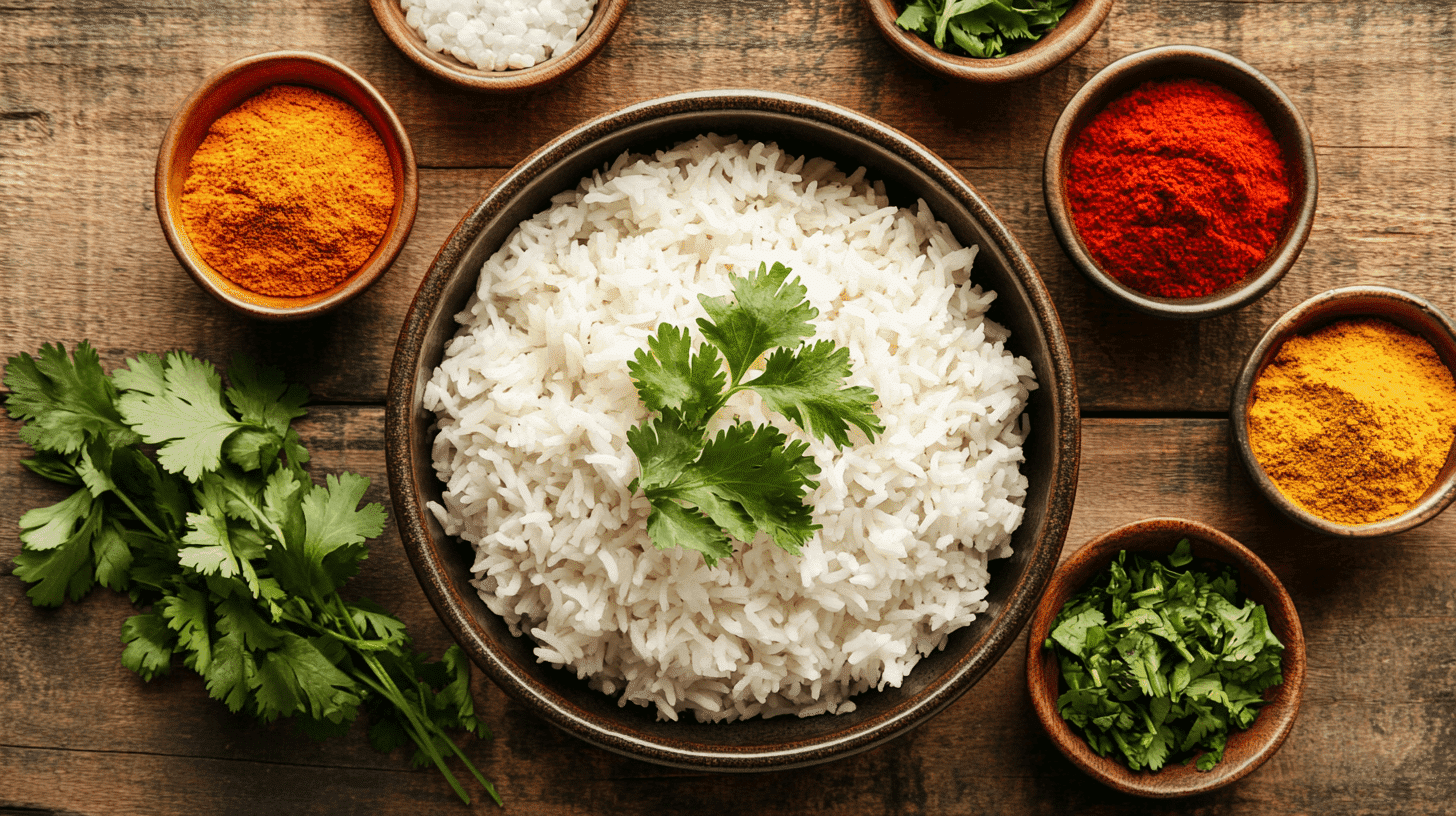 A bowl of plain white rice surrounded by various colorful ingredients like herbs, spices, and sauces.