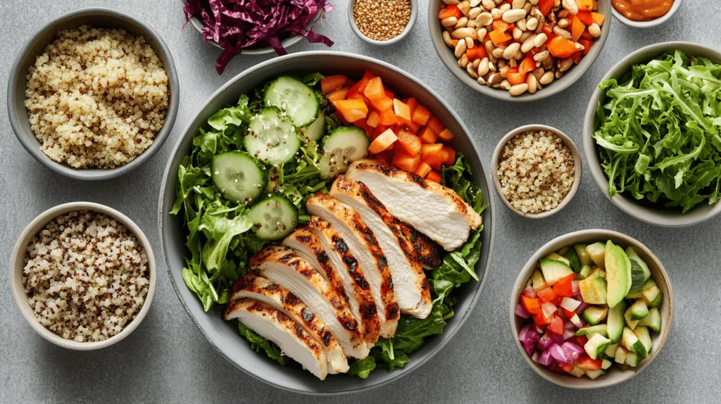 Ingredients for customizing grilled chicken salad.