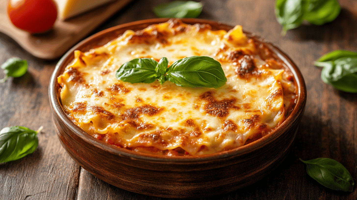 A steaming bowl of Progresso Lasagna Soup garnished with fresh basil.
