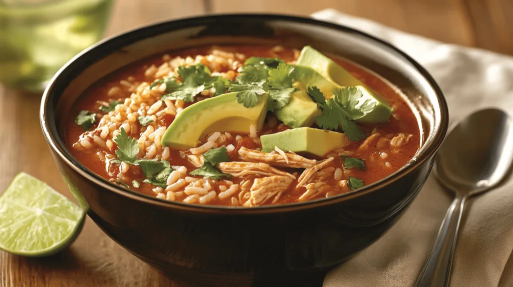 Garnished bowl of spicy chicken soup with rice, ready to serve.