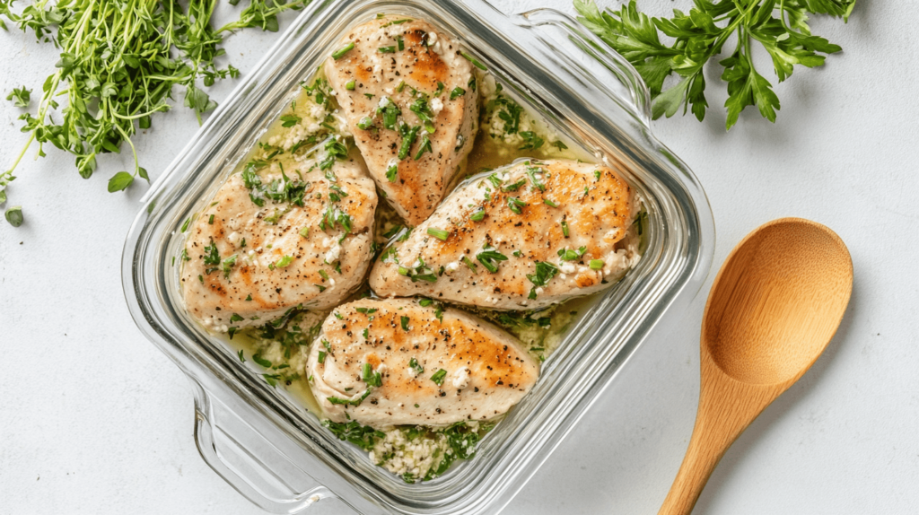 Marinating chicken breasts with Caesar dressing in a glass dish.