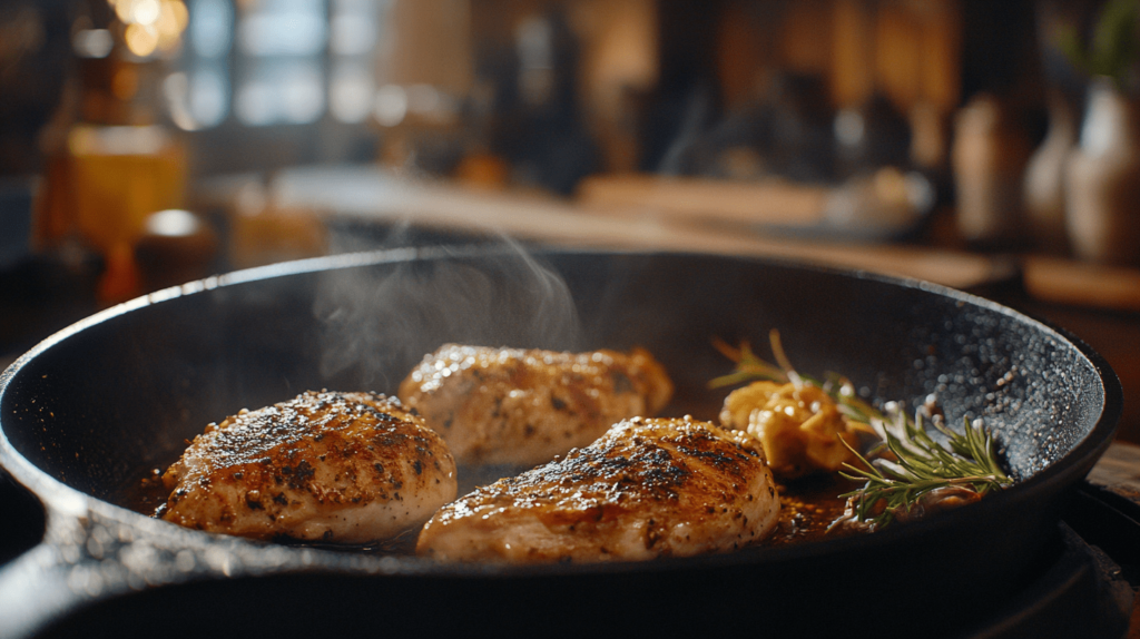  Seared chicken breasts on a skillet with golden-brown crust.