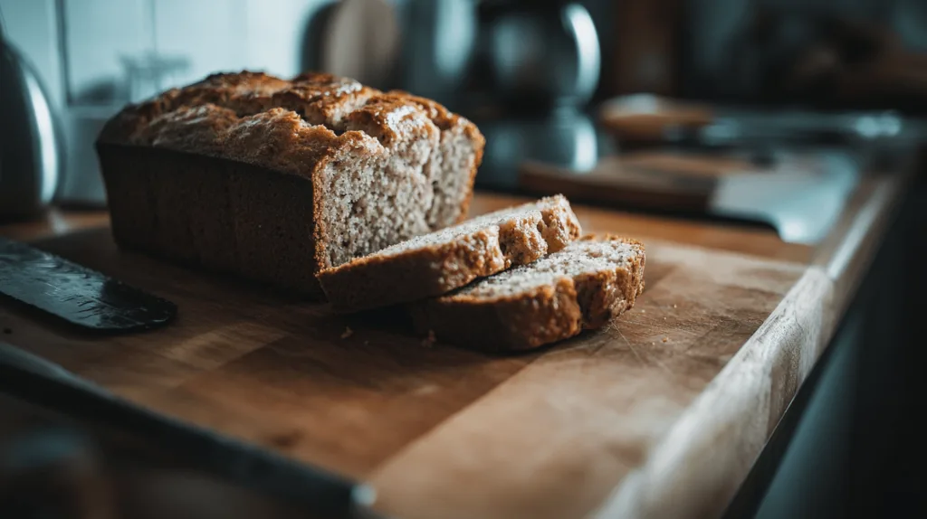 A freshly baked loaf of banana bread cooling on a wire rack in a cozy kitchen setting.