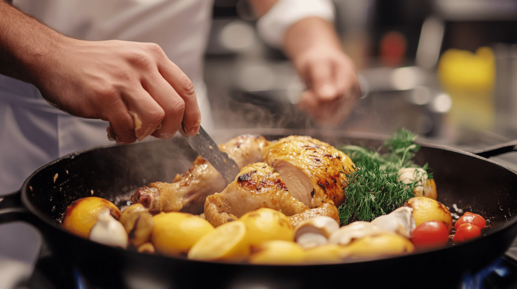 Chicken breasts being seared in a pot for Chopt spicy chicken soup