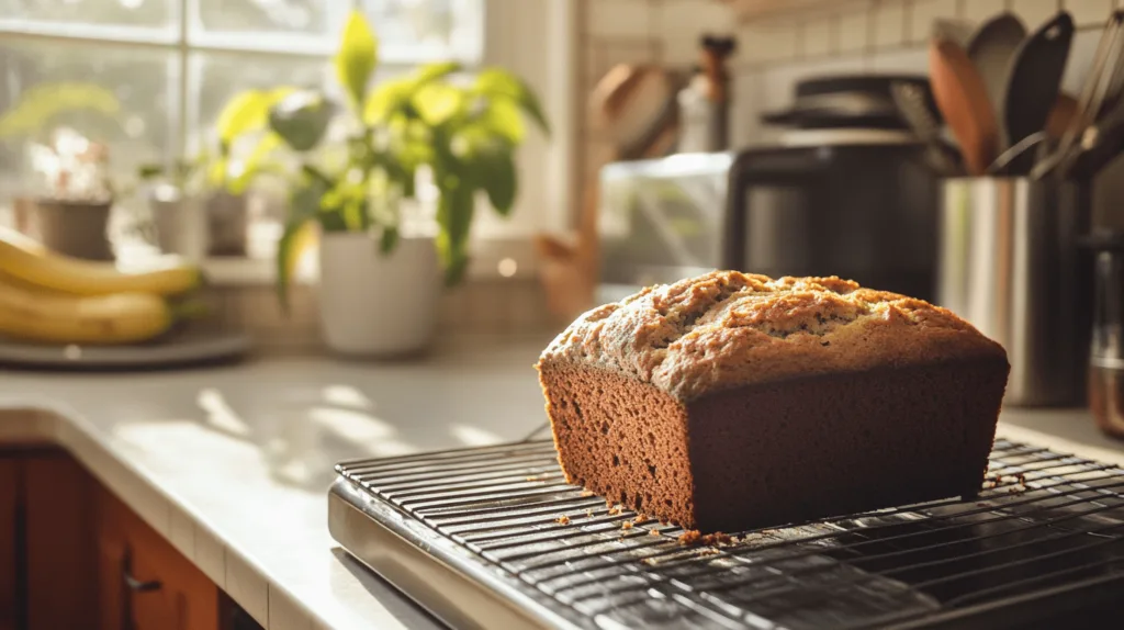 A sliced loaf of banana bread showcasing its moist and soft texture on a wooden board.