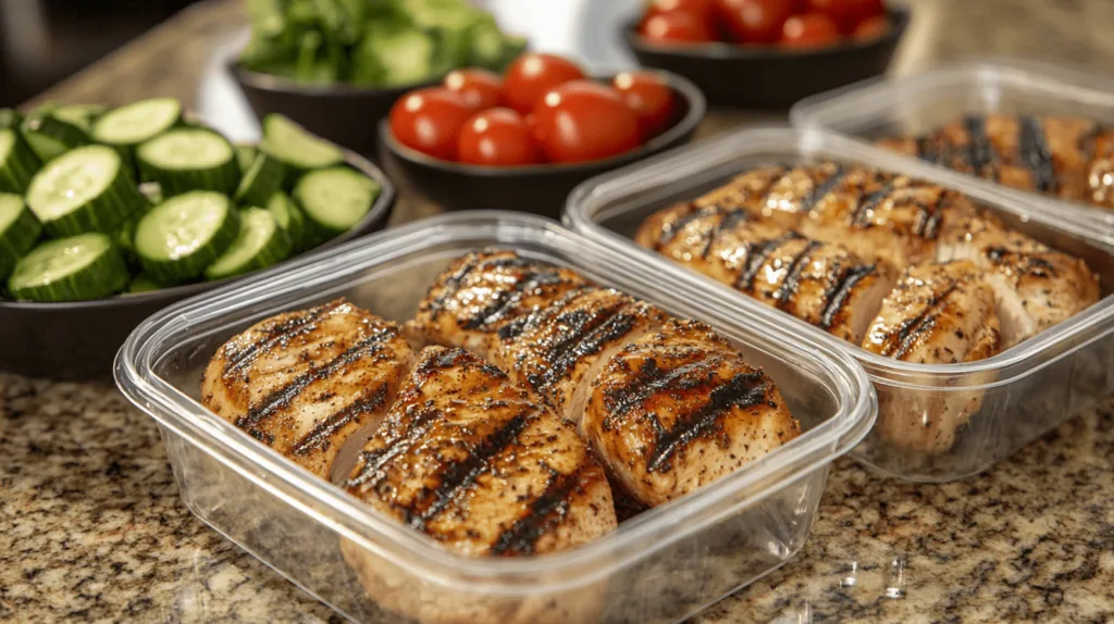 Grilled chicken portions prepared for meal prep.