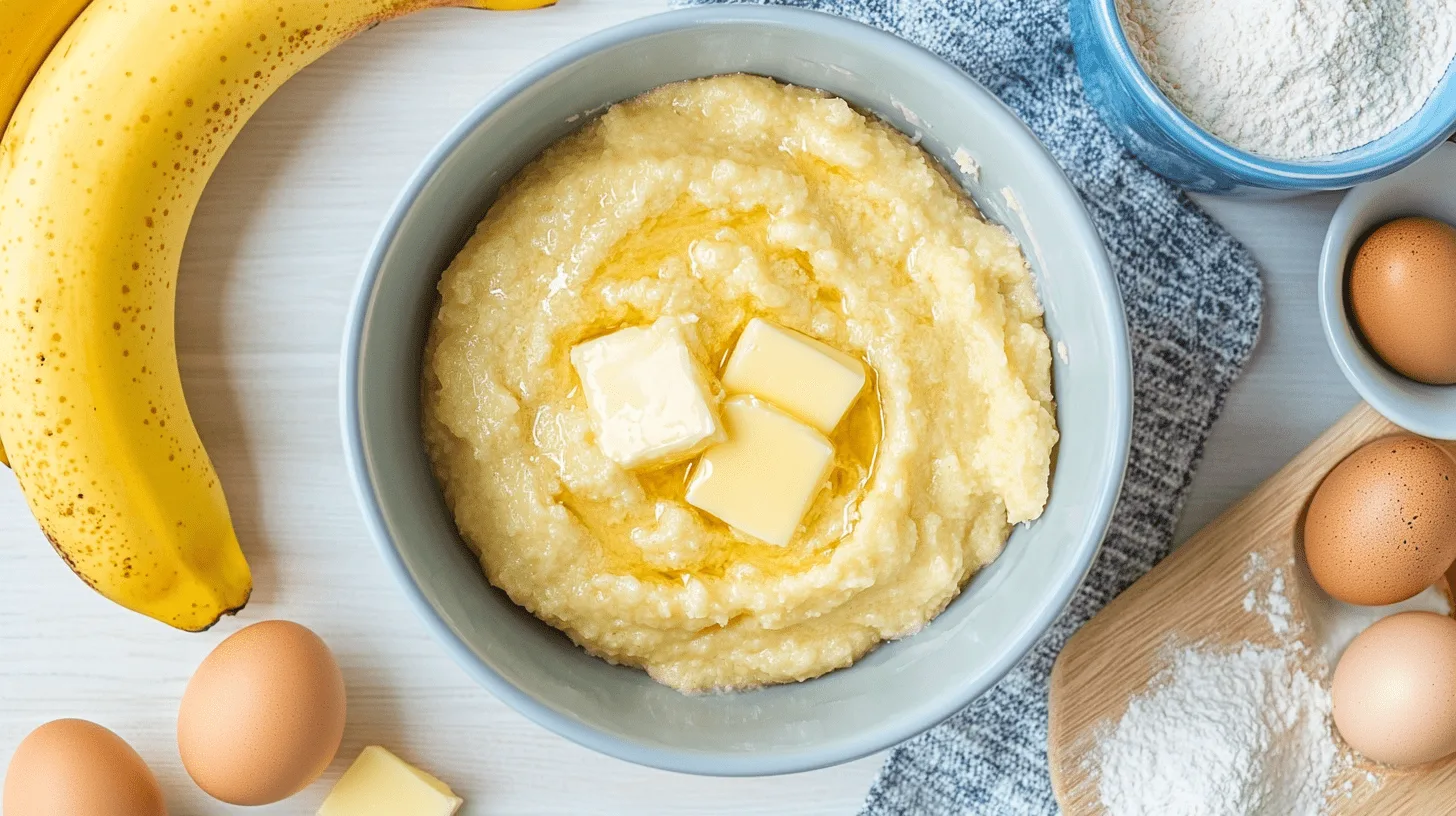 Key banana bread ingredients: flour, sugar, butter, eggs, and ripe bananas."
Title: "Banana Bread Essentials