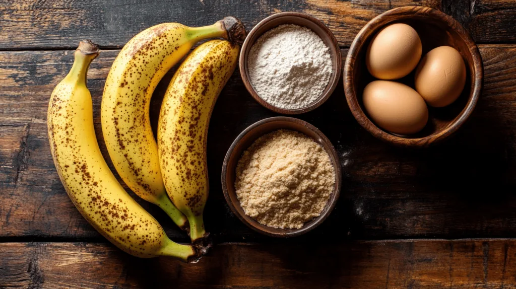 Key ingredients for Starbucks Banana Bread: ripe bananas, flour, eggs, and sugar on a wooden kitchen counter.