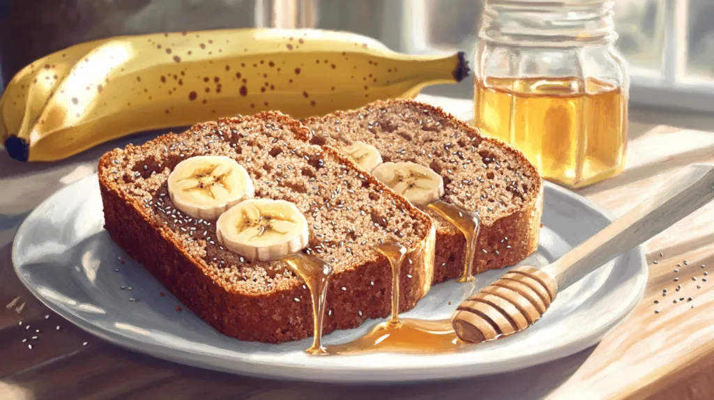 Slices of whole wheat banana bread with seeds and a drizzle of honey on a plate.