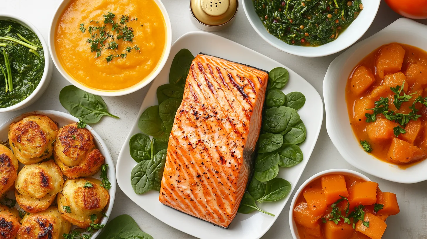 A vibrant spread of Vitamin A-rich dinner recipes, including grilled salmon, stuffed bell peppers, and a bowl of carrot ginger soup.