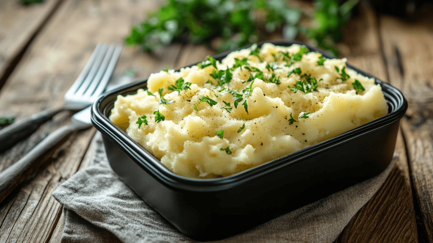 Heated lunch box with mashed potatoes inside