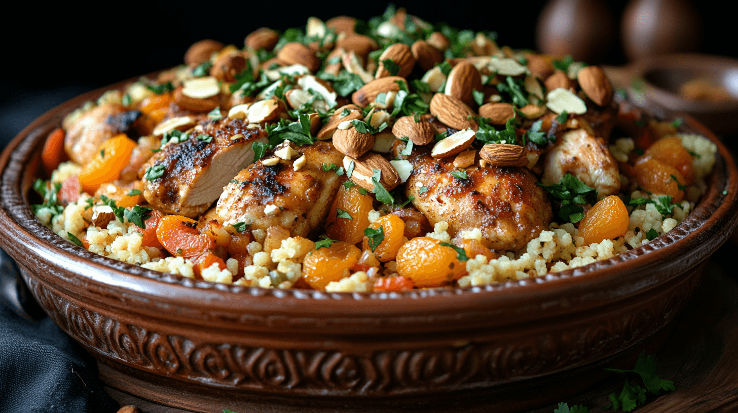 Traditional Moroccan chicken couscous with apricot preserves served in a large communal dish.