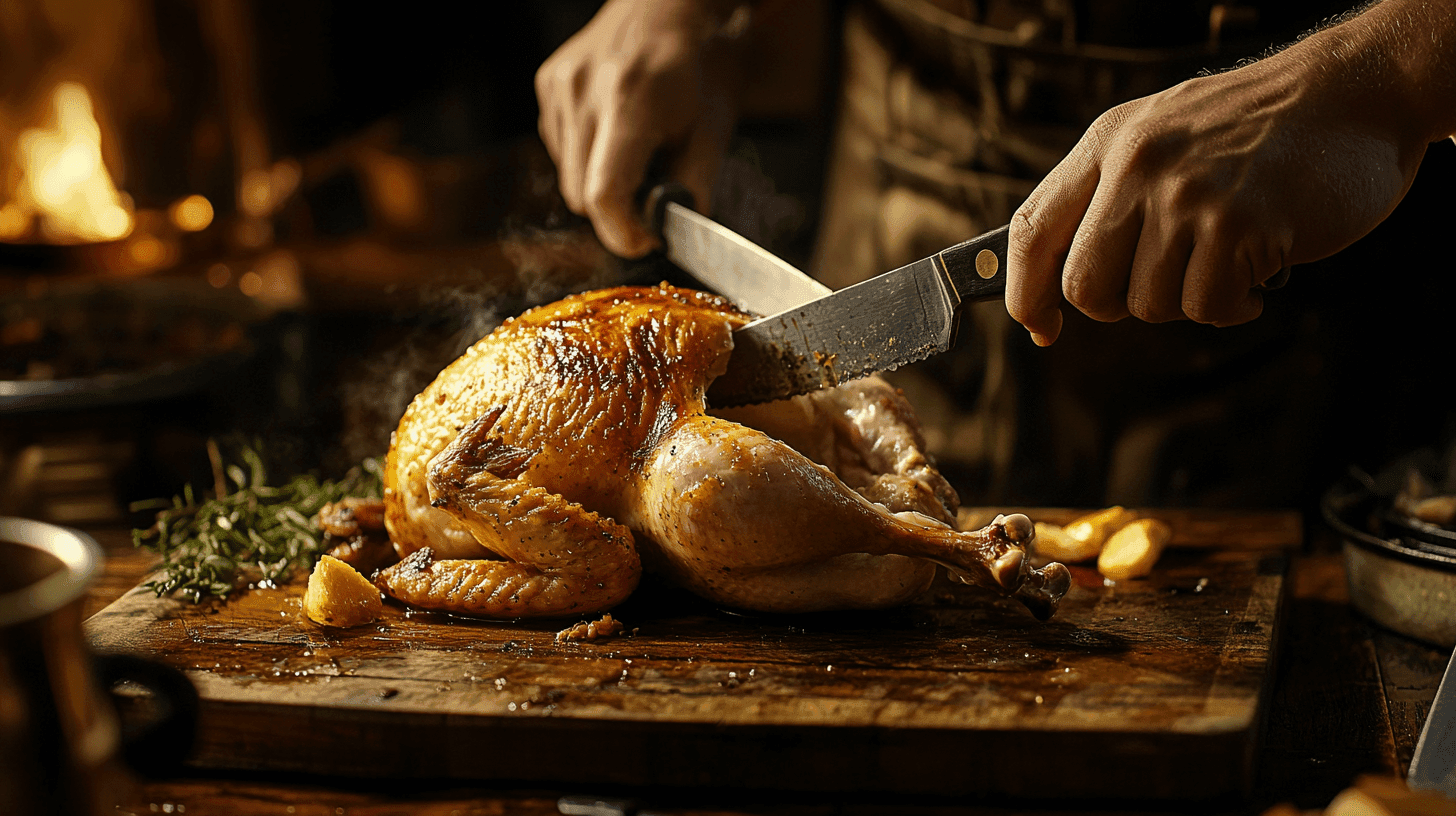 Carving a rotisserie chicken on a wooden cutting board.