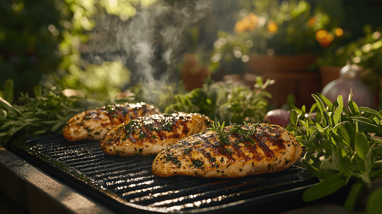 Juicy chicken breasts grilling on a Blackstone griddle.