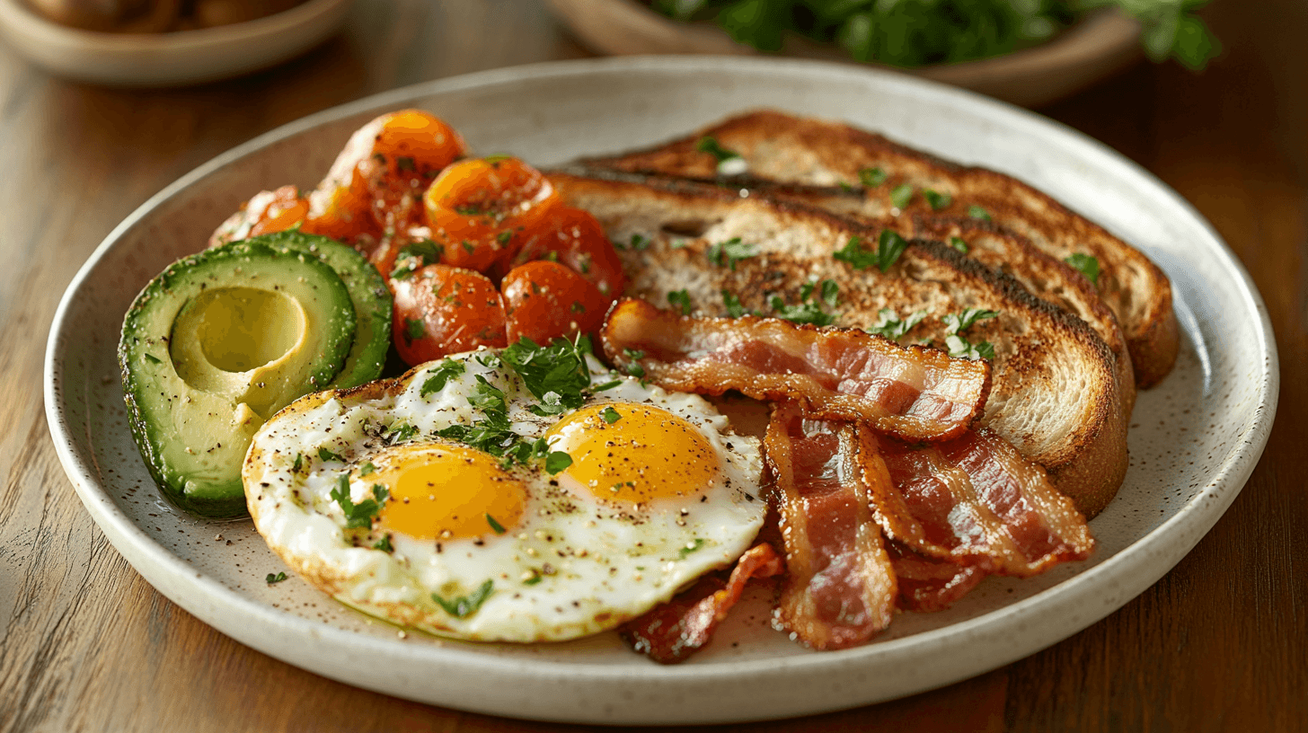A healthy breakfast plate featuring turkey bacon, eggs, avocado, and whole-grain toast