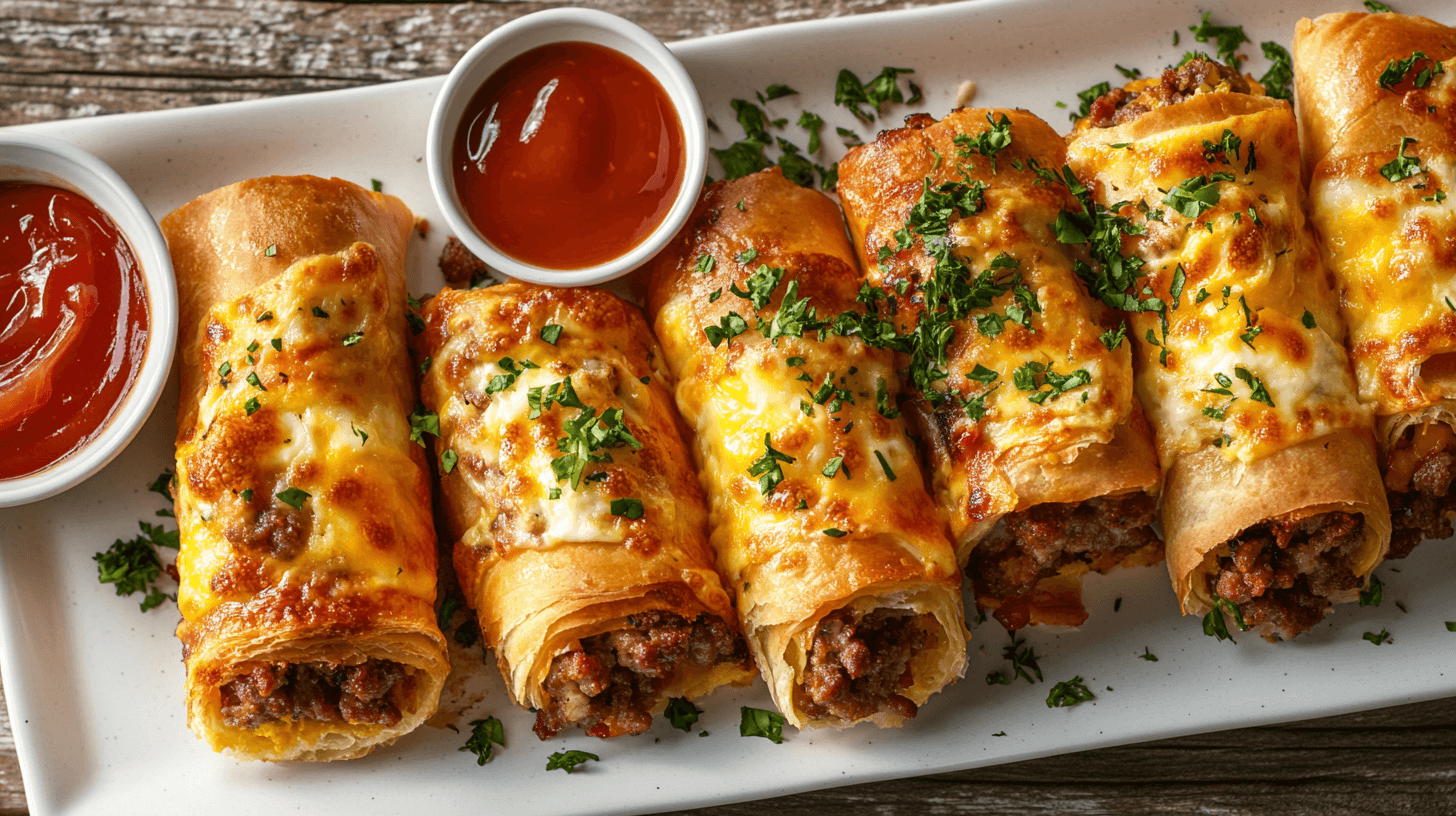 A plate of freshly baked breakfast pizza rolls served with dipping sauces