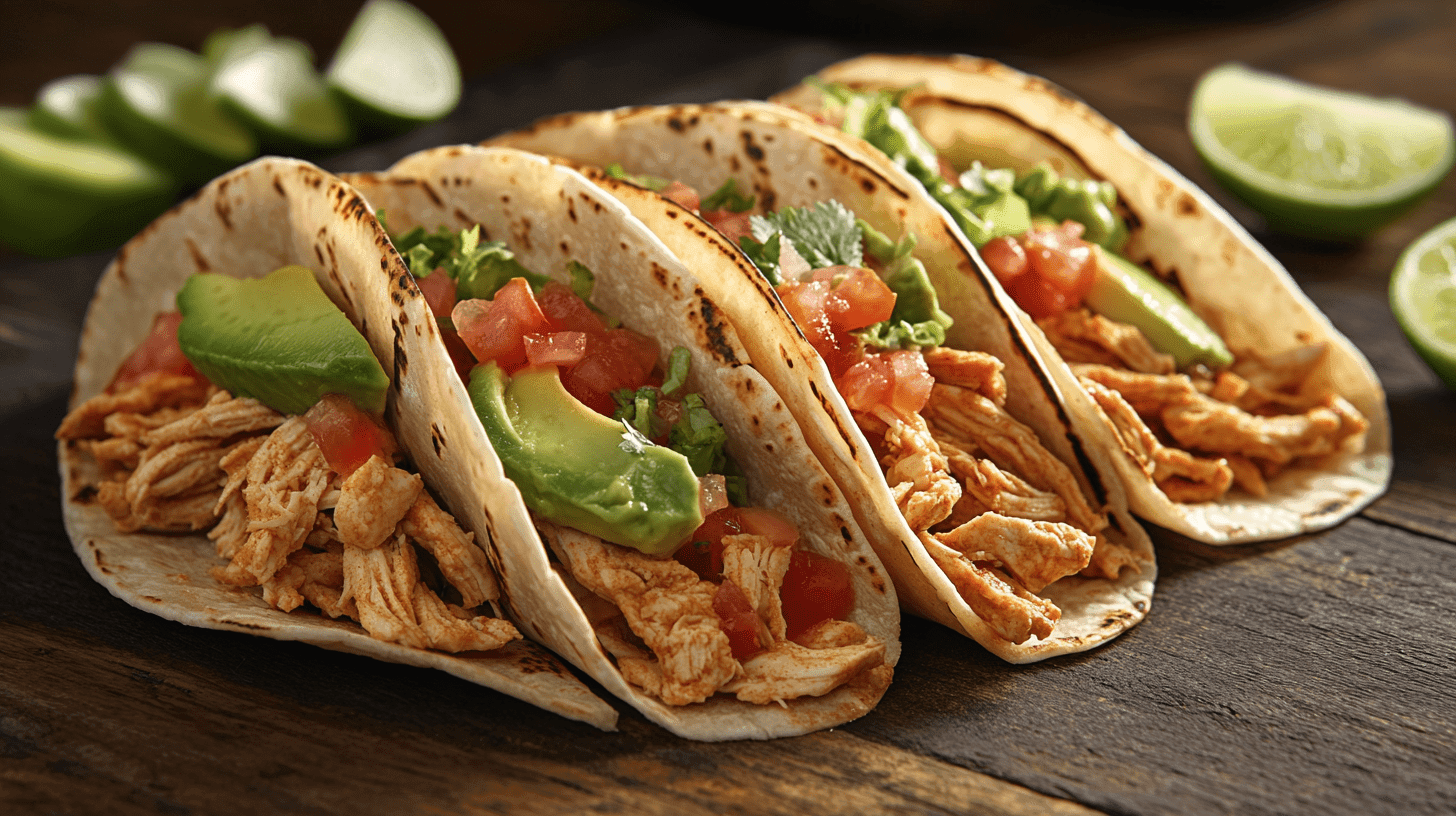 Shredded chicken tacos with fresh toppings on a plate.