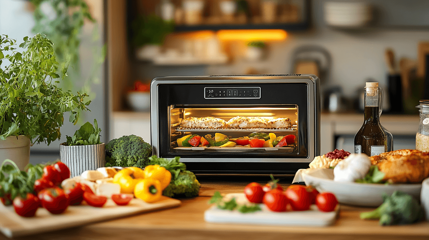 Ninja toaster oven on a kitchen counter with ingredients for lunch recipes.