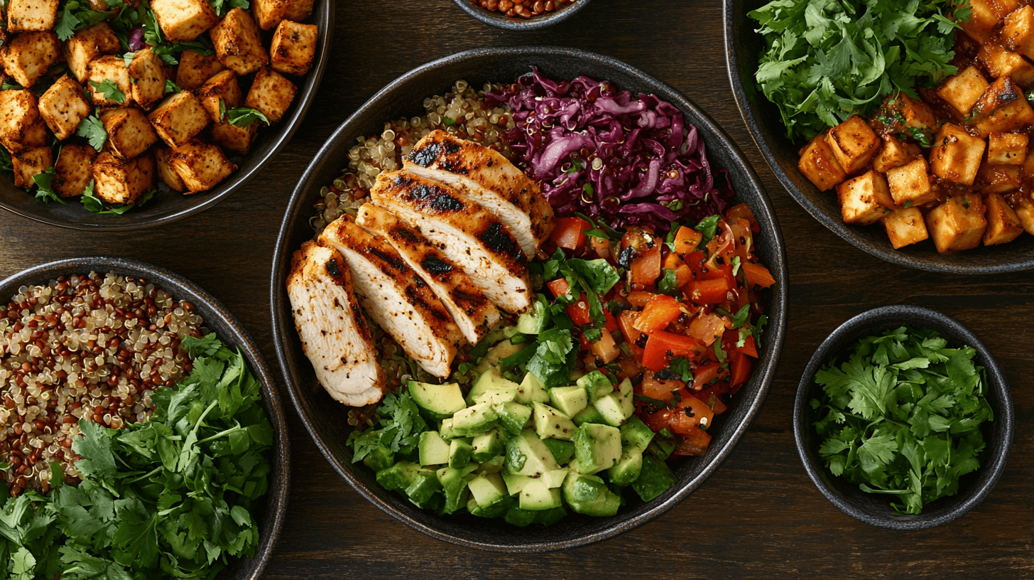 A variety of high-protein lunch options including grilled chicken salad, quinoa bowl, and tofu stir-fry