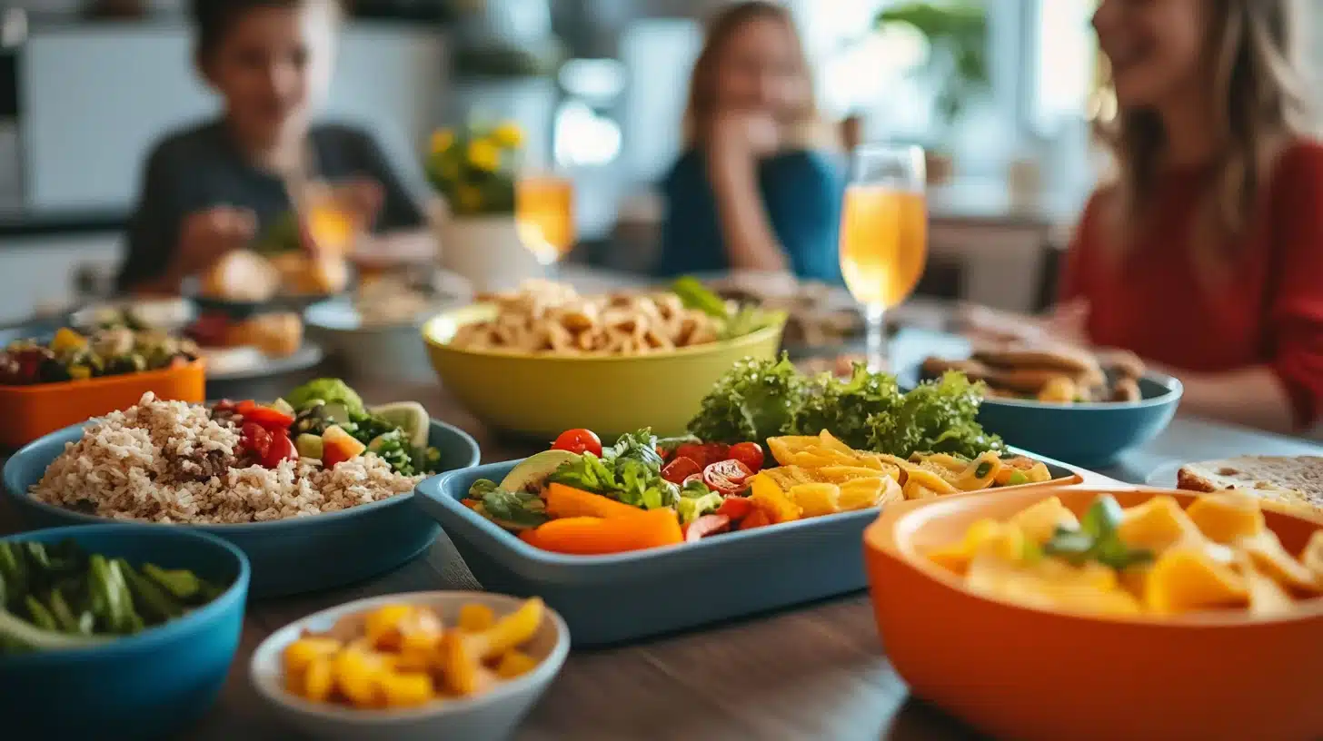 A family enjoying a gluten-free dinner together at a table.