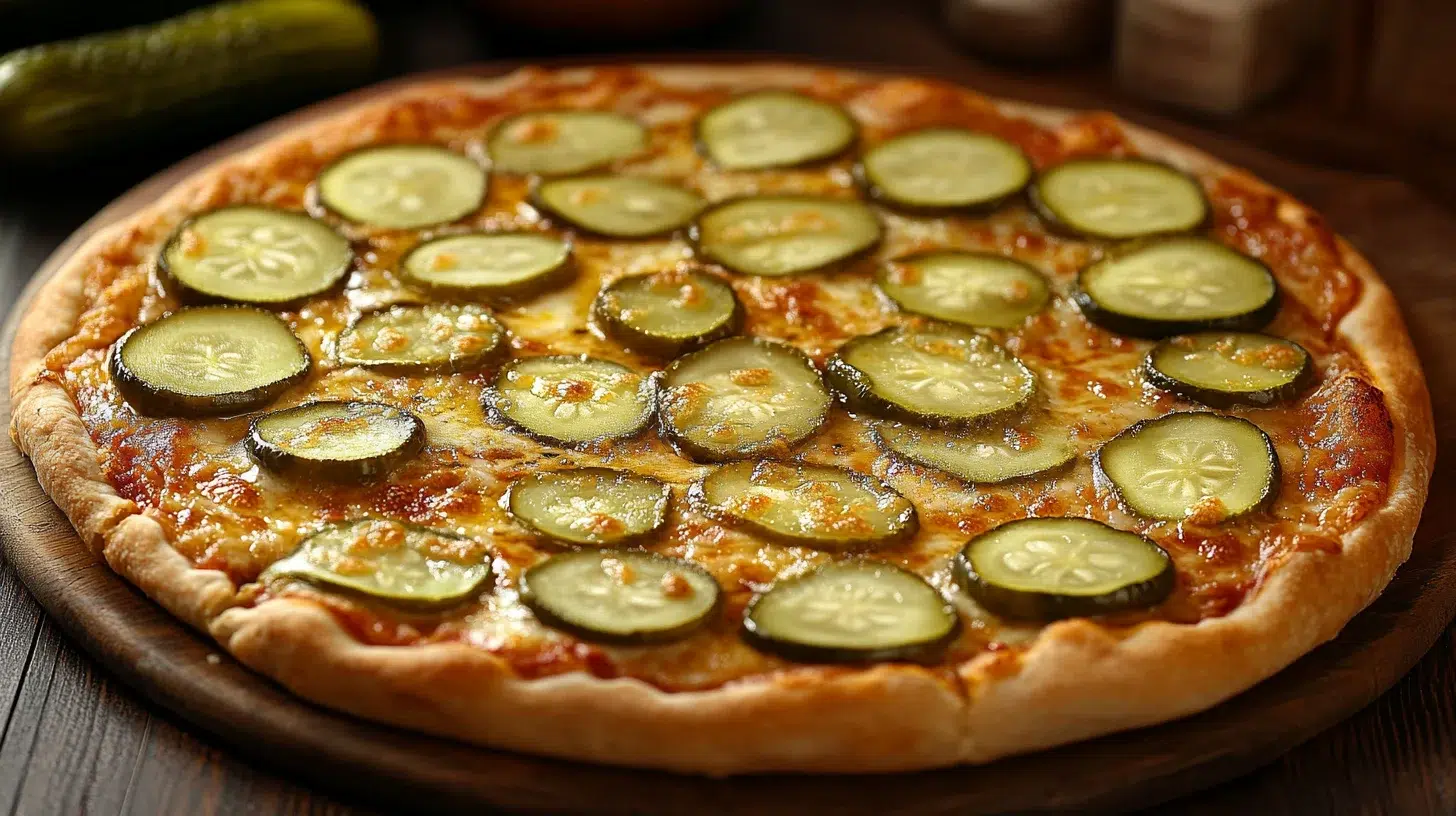 Pickle Pie Pizza served on a wooden platter with fresh dill garnish