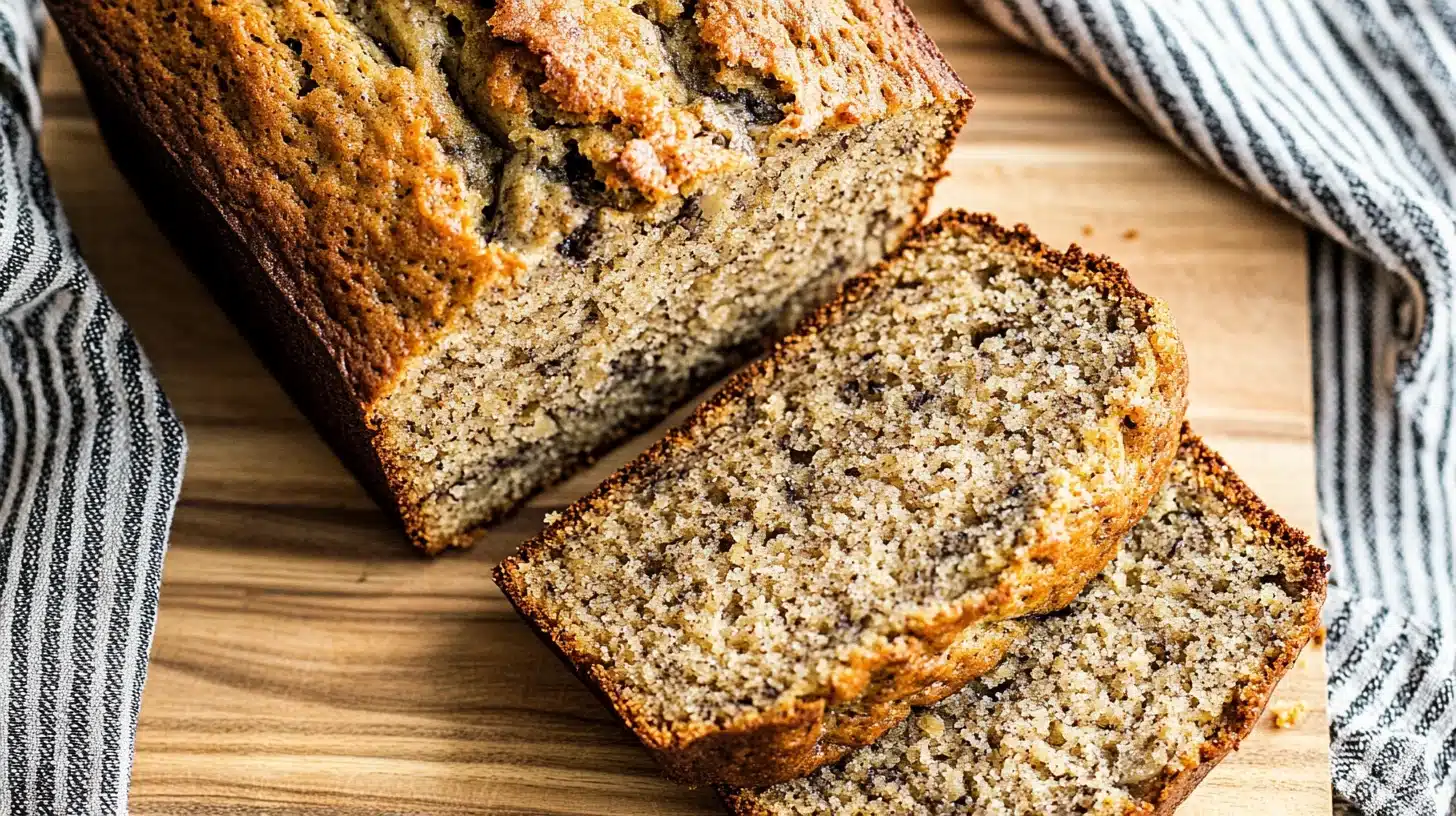 A freshly baked banana bread loaf, sliced on a wooden cutting board. The bread has a golden-brown crust with a moist, speckled interior, showing bits of banana and possibly nuts. Two slices are placed separately to reveal the soft texture. The cutting board rests on a striped fabric, adding a rustic and cozy feel. The image is well-lit, highlighting the bread’s warm tones and inviting appearance.