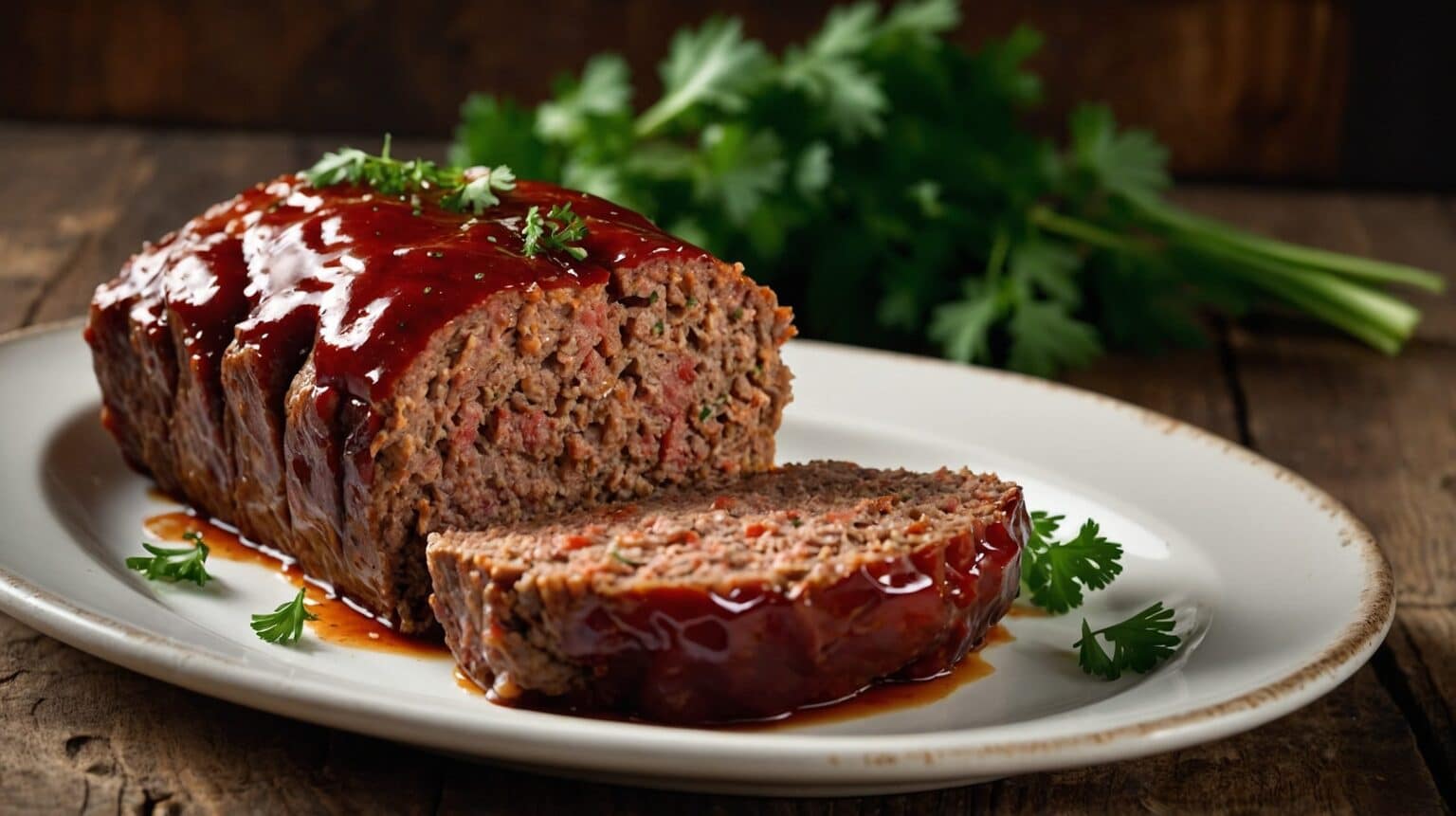 Smoked Meatloaf Recipe - A slice of smoked meatloaf on a white plate garnished with parsley, served in a rustic kitchen setting