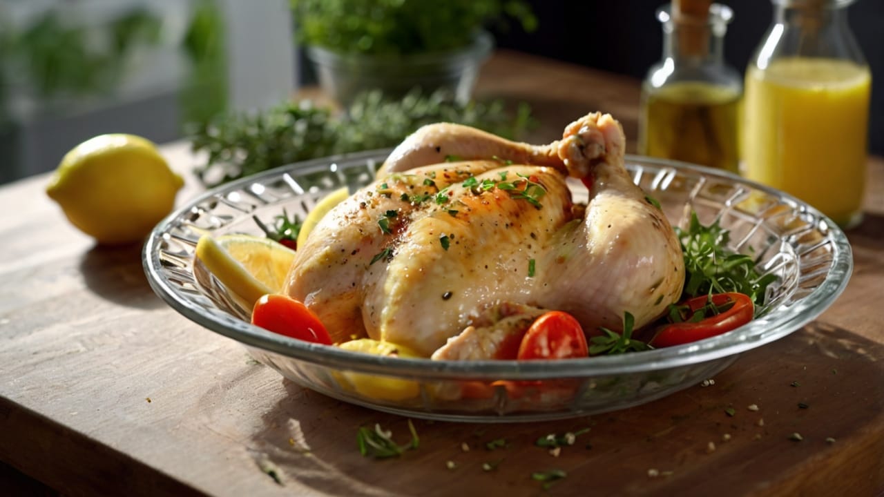 Chicken marinating in a bowl with spices and herbs.