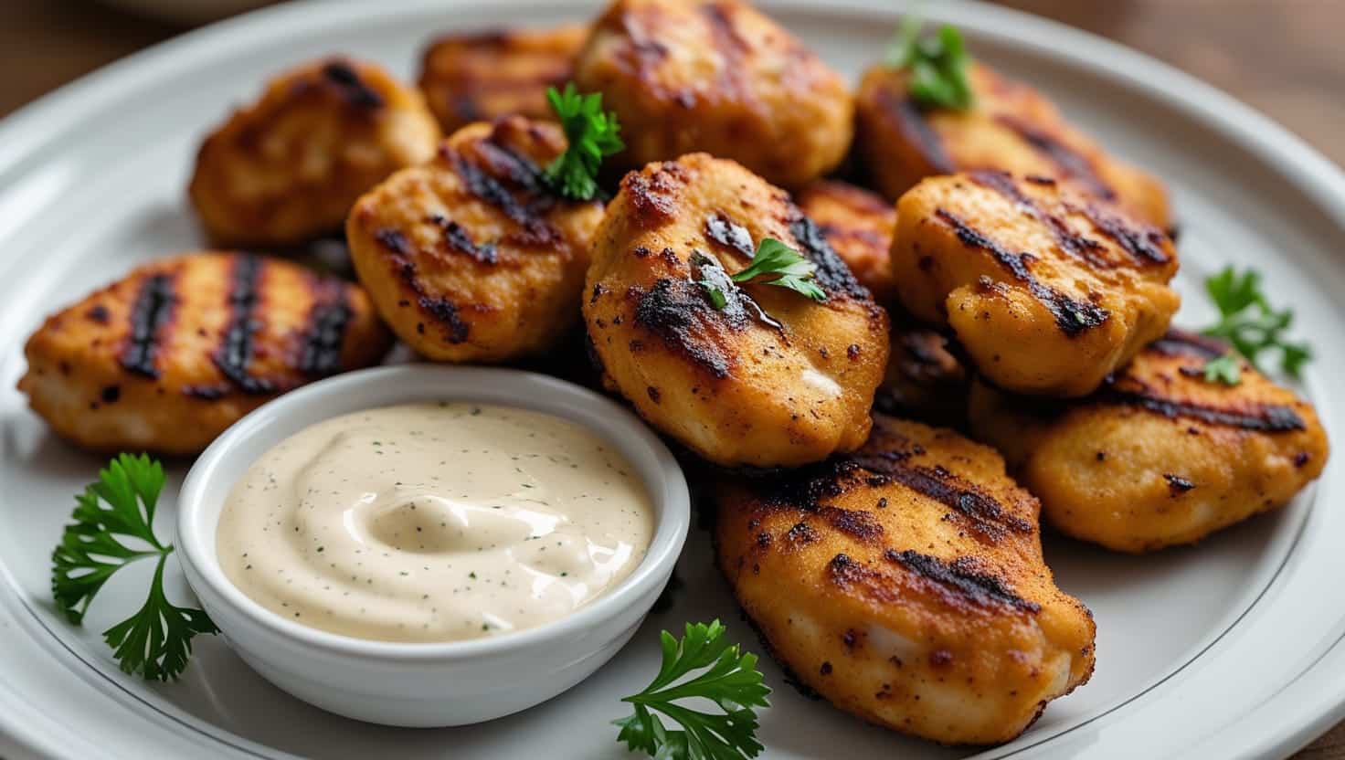 Homemade Chick-fil-A grilled nuggets served on a plate with dipping sauce.