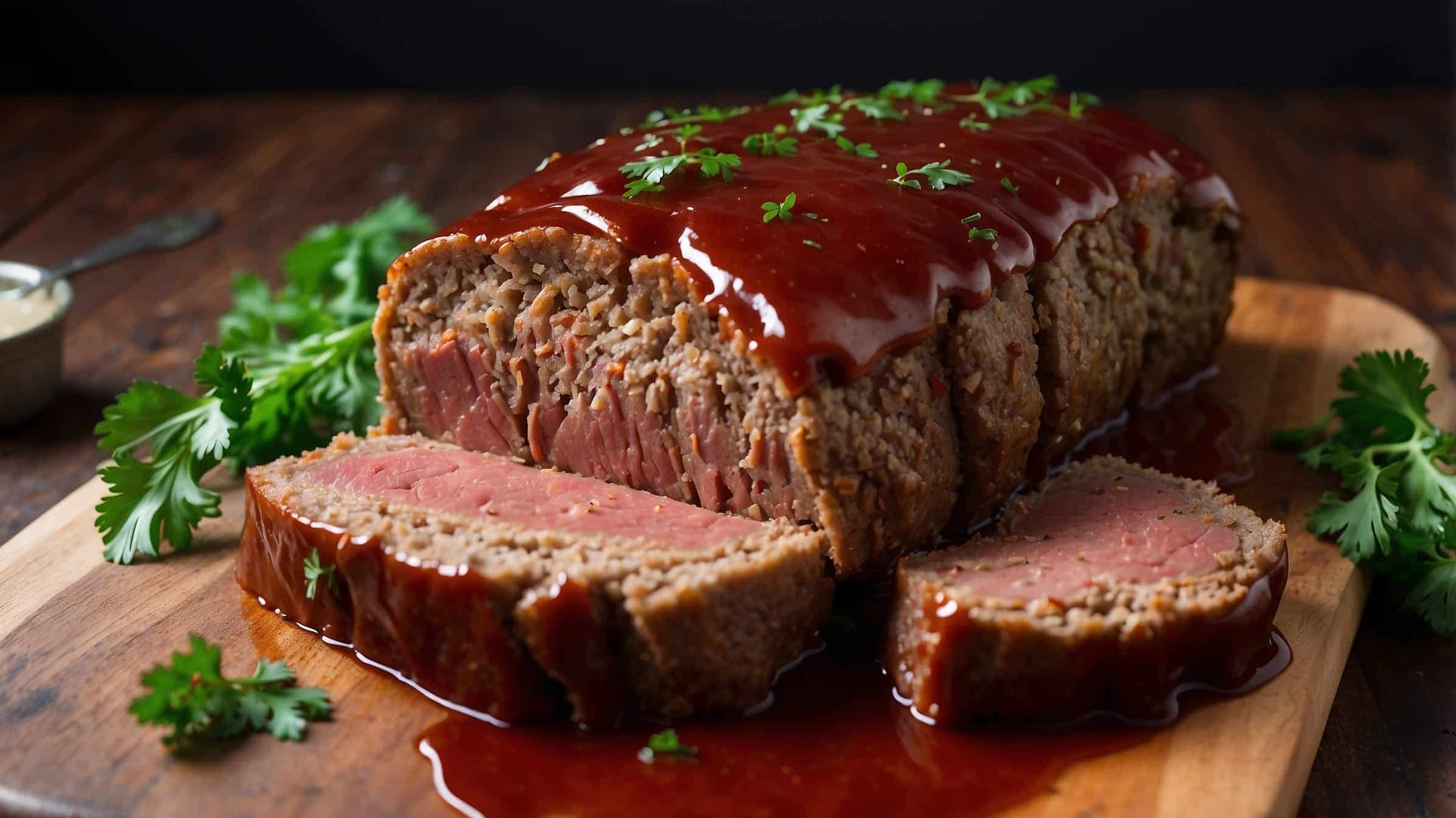 Smoked meatloaf sliced on a wooden cutting board