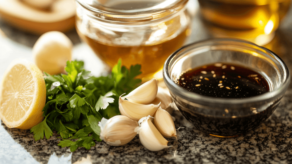 Close-up of marinade ingredients like olive oil, soy sauce, vinegar, and spices.
