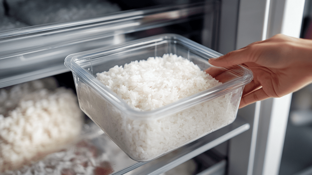A container of rice being placed into a refrigerator