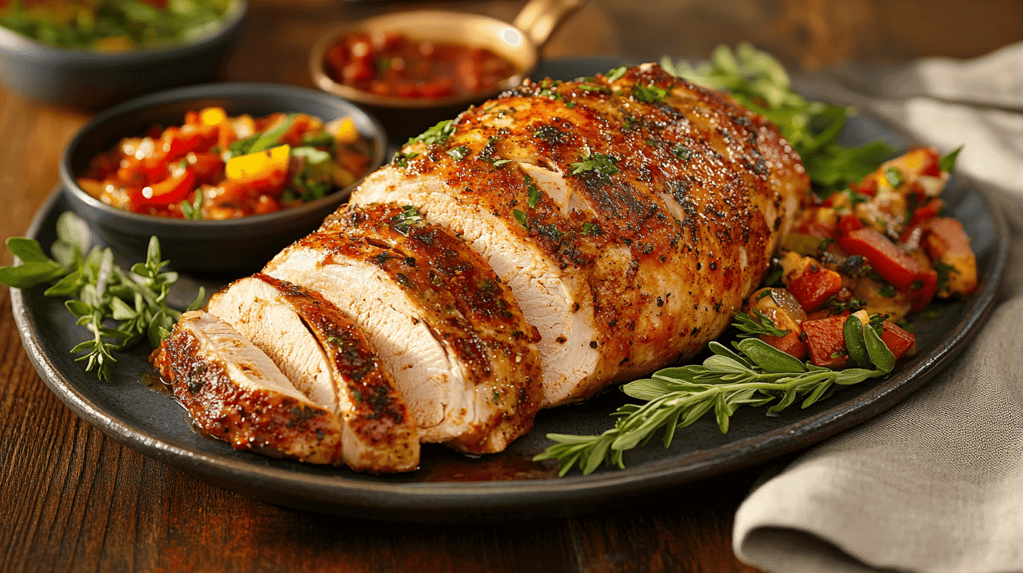 A perfectly cooked Creole butter turkey breast on a serving platter garnished with herbs.