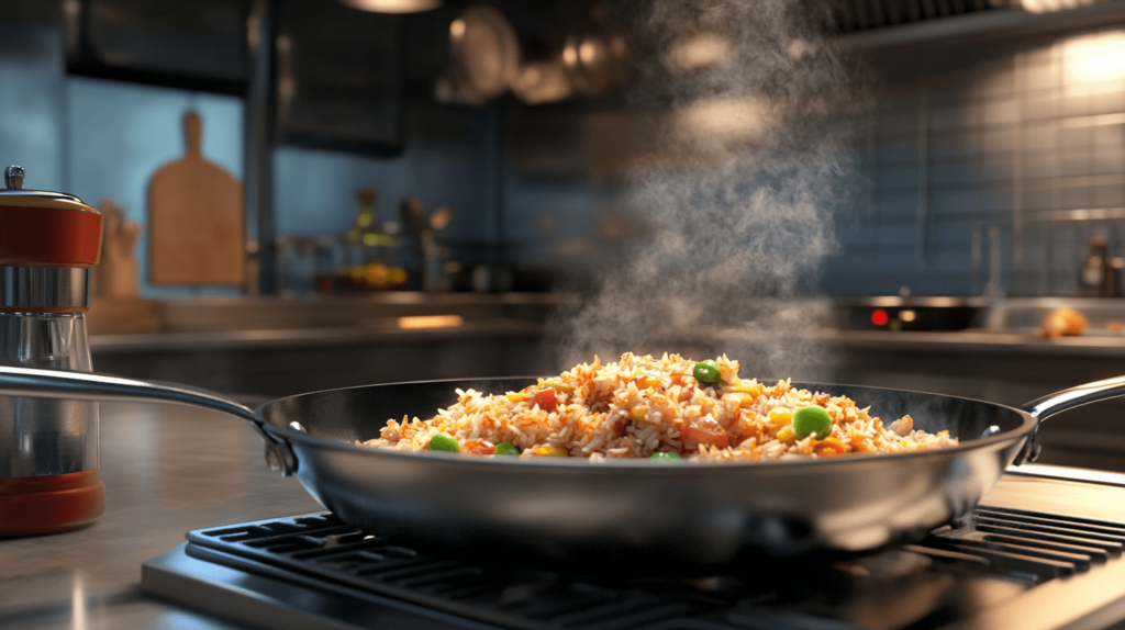 A chef reheating rice in a pan