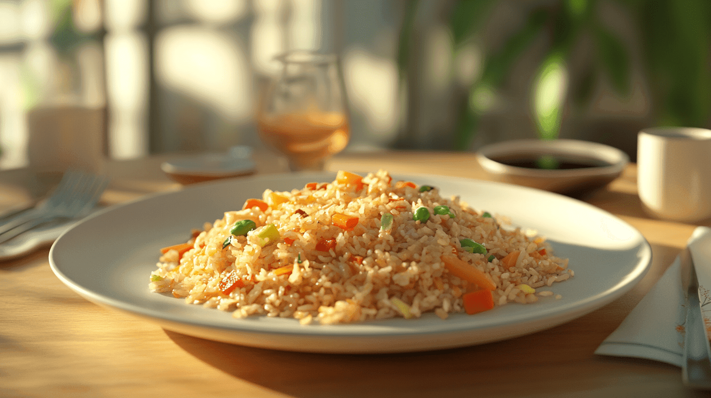 A plate of fried rice on a table