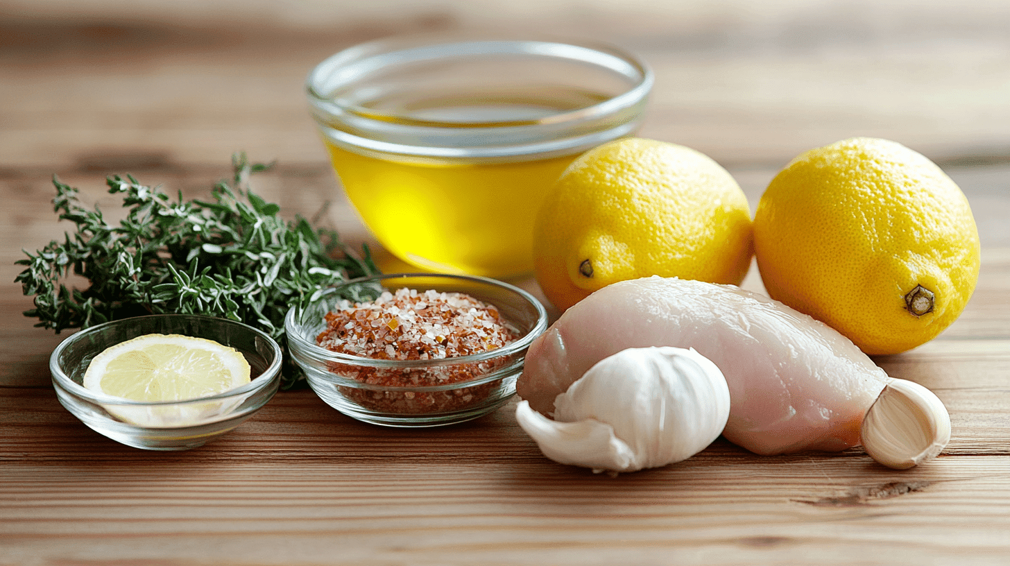 A variety of chicken marinade ingredients on a wooden countertop.