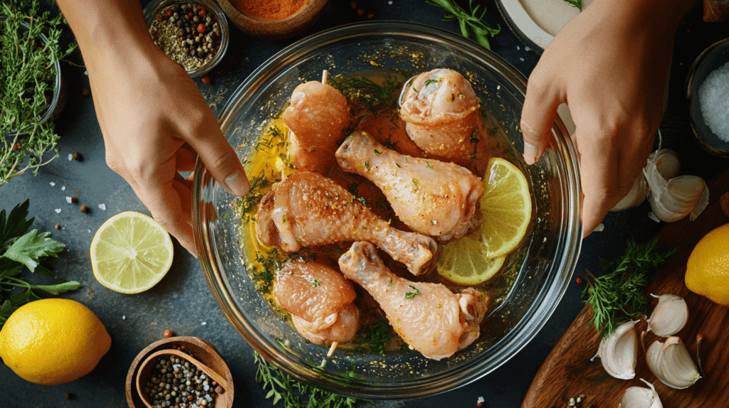 A chef marinating chicken in a glass bowl.