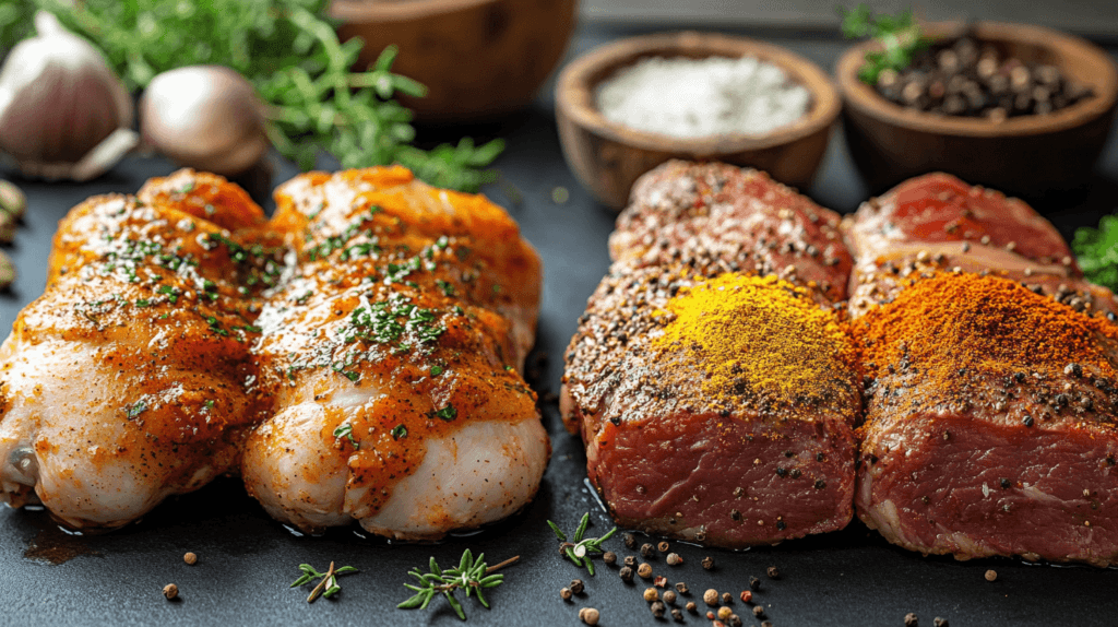 A comparison of wet marinades and dry rubs applied to different meats.
