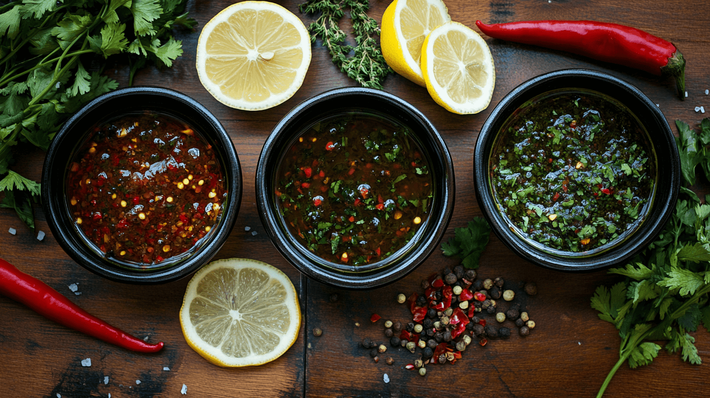 Chef preparing a marinade with olive oil, lemon slices, fresh herbs, and garlic in a professional kitchen.