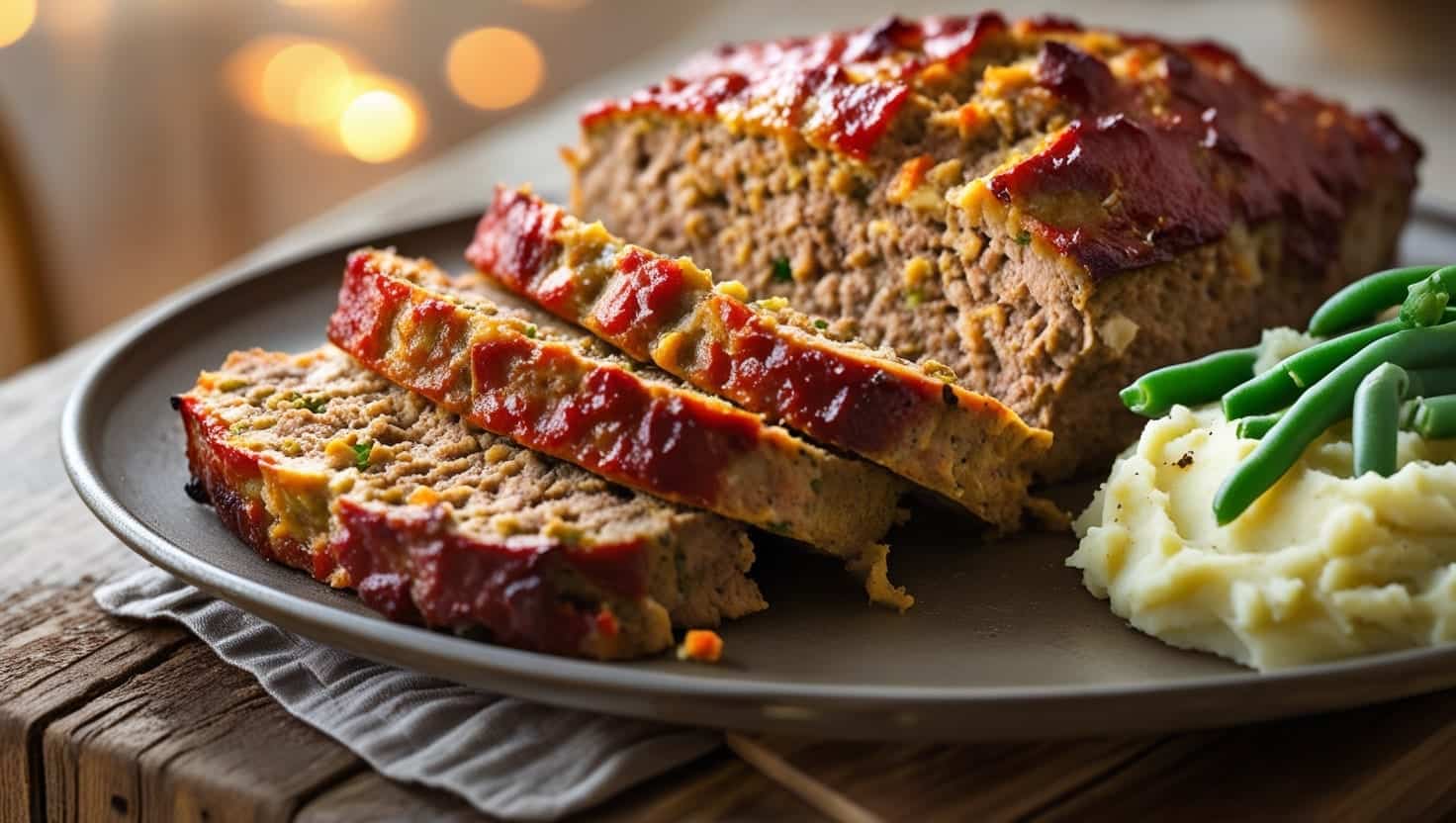 Lipton Onion Soup Meatloaf recipe – freshly baked meatloaf sliced and served on a plate.