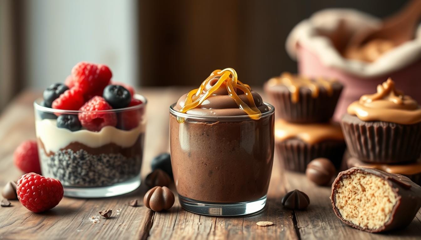 A variety of healthy protein desserts, including chocolate protein pudding drizzled with caramel, a berry parfait with chia seeds, and peanut butter protein cups, all beautifully arranged on a rustic wooden table.
