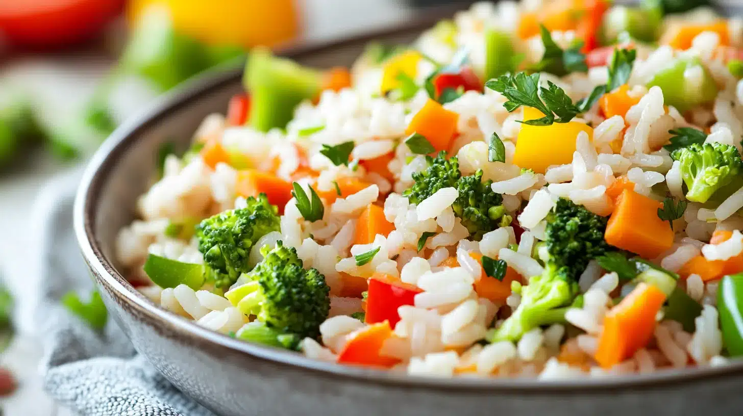 A bowl of exotic rice with vegetables and herbs