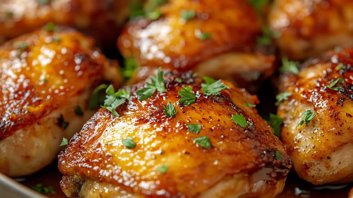 Crispy hot honey chicken thighs garnished with fresh herbs on a serving plate.